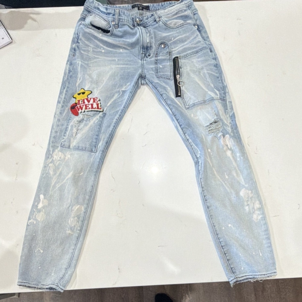 AKOO Light Blue Distressed Denim Jeans Patch No Rivals Y2K Hip